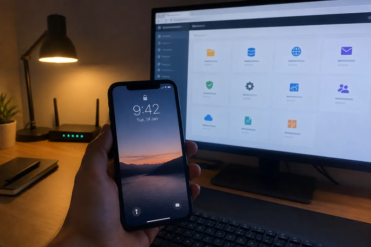 a hand holding an iPhone up to a monitor in a techy home office at night, the monitor showing a hosting control panel grid of icons, a desk 