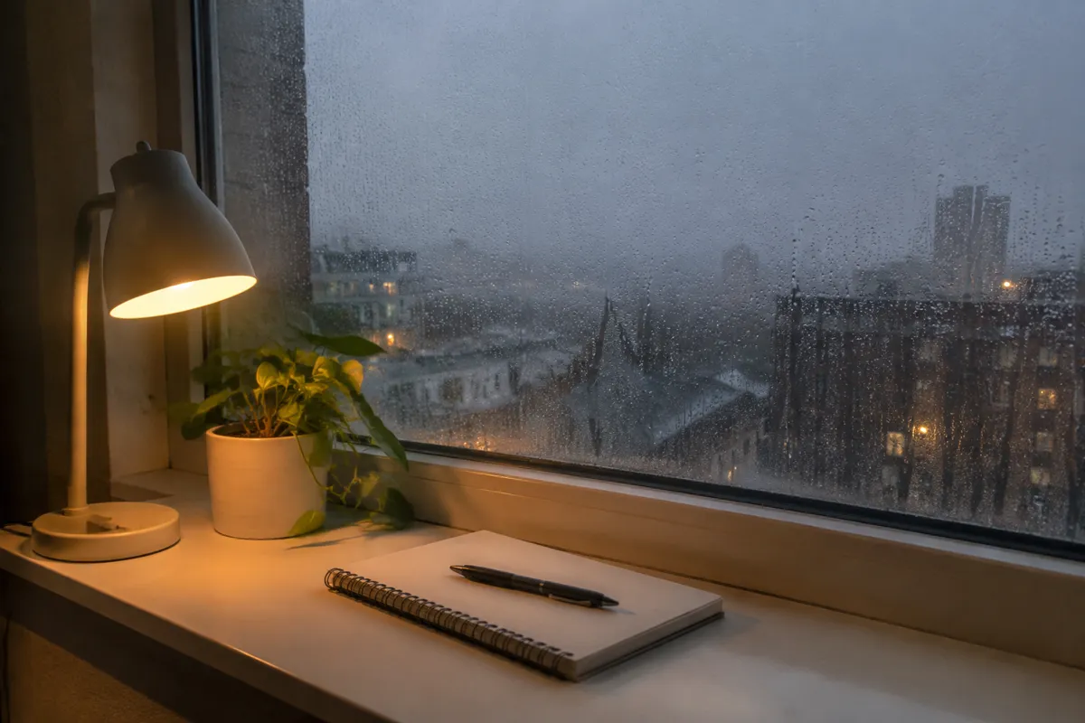 a rainy window with condensation, a desk lamp turned on and a notebook with a pen on the sill, grey evening light