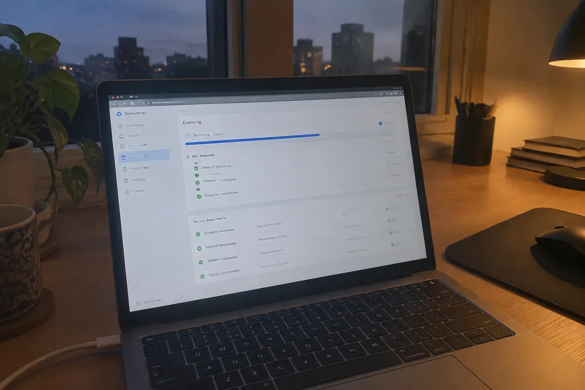 a phone held up photographing a laptop showing a cloud console deploy screen with a build progress bar and a list of deployments, techy desk