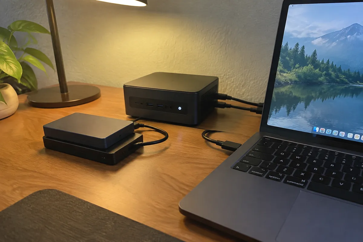a small stack of two external drives and a mini PC on a desk beside a laptop, a few cables, lamp light