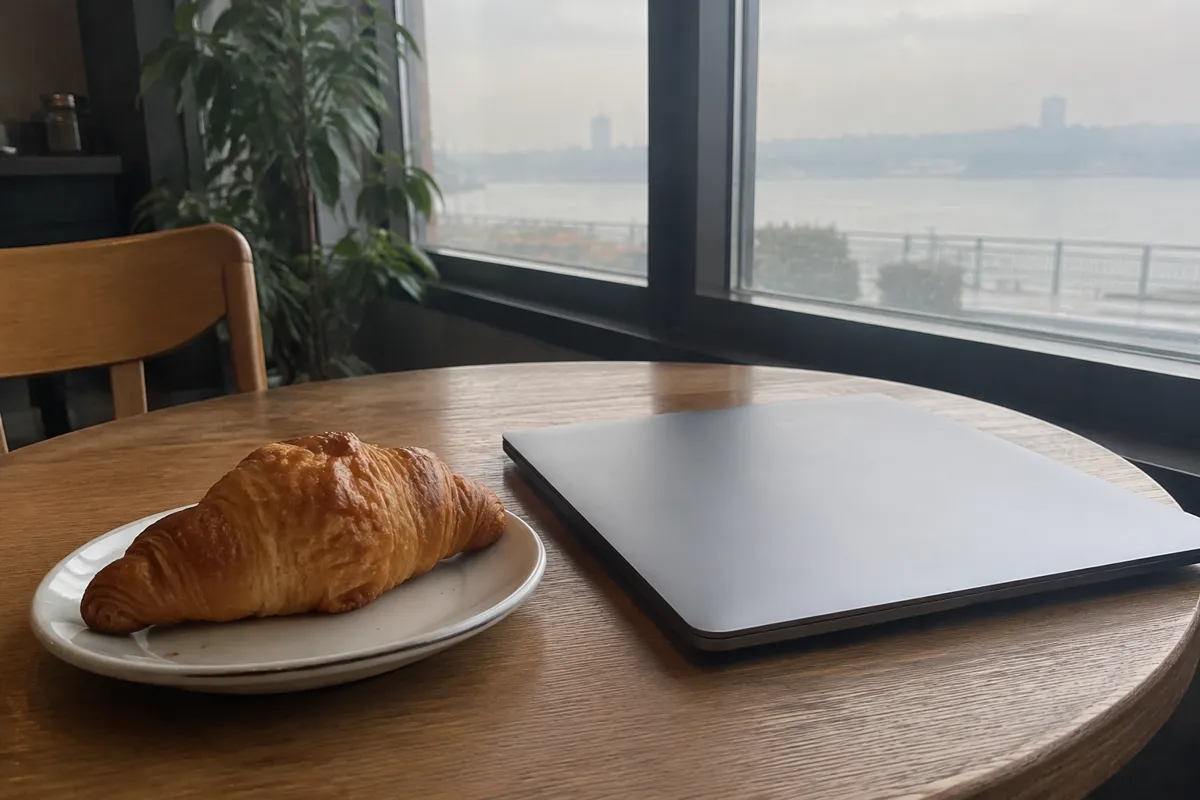a cafe table with a croissant on a small plate and a laptop closed beside it, bright window