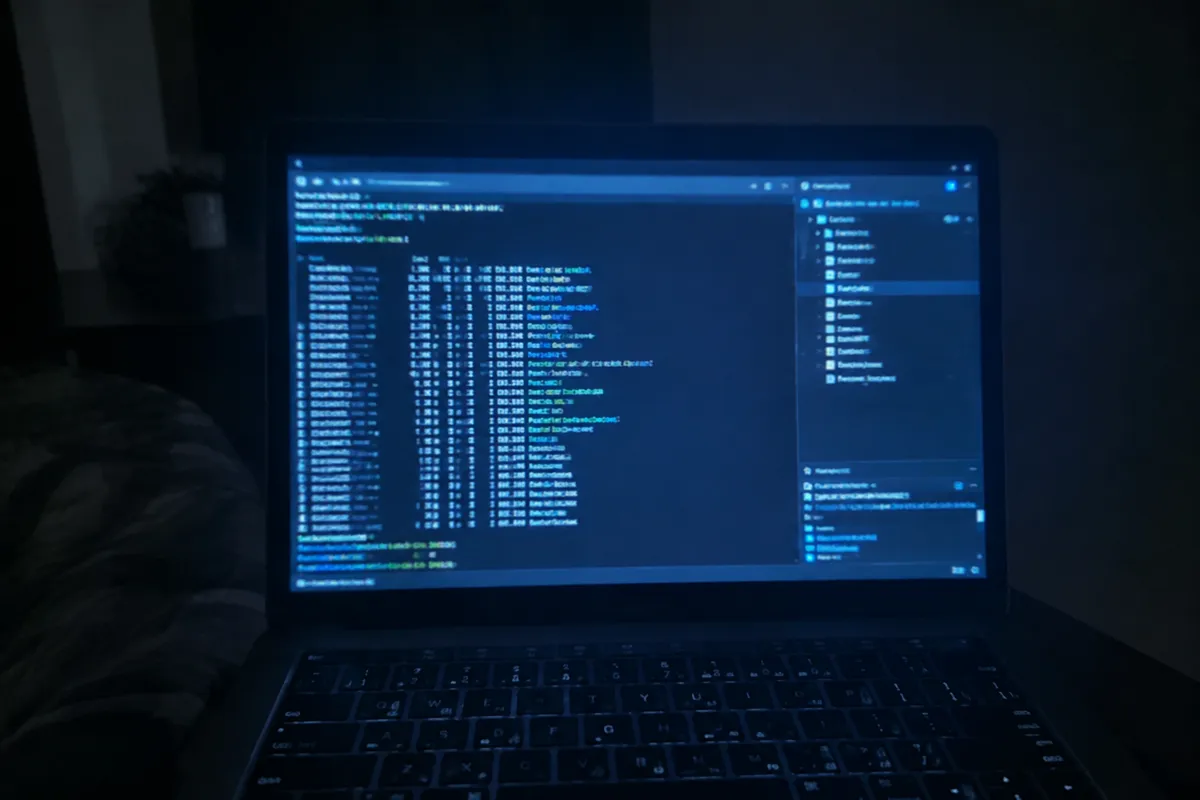 a phone held up photographing a laptop in a dark room showing a server terminal with rows of command lines and a file listing, blue screen g