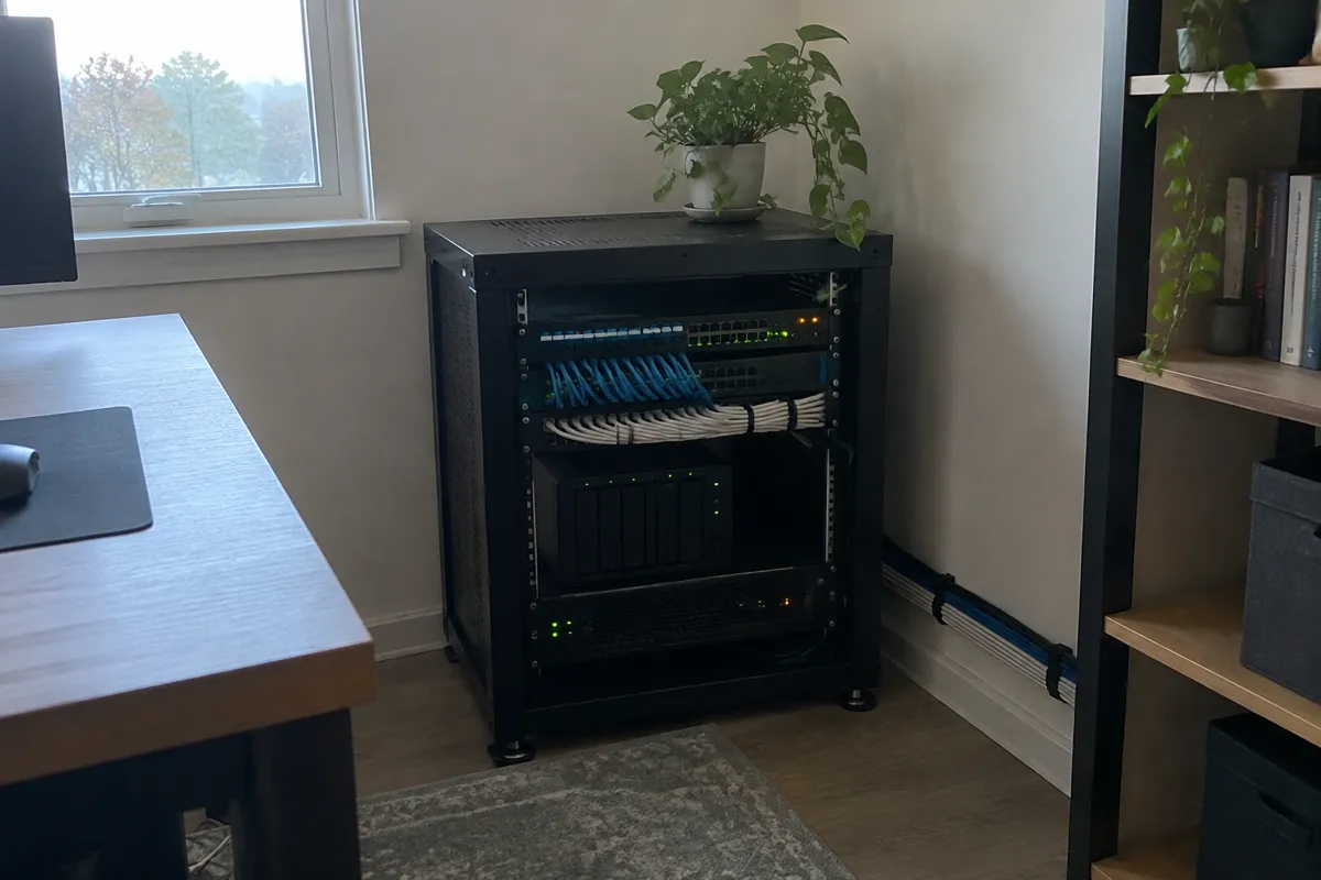 a small server rack in a corner of a home office with blinking green and amber LEDs and tidy cable runs