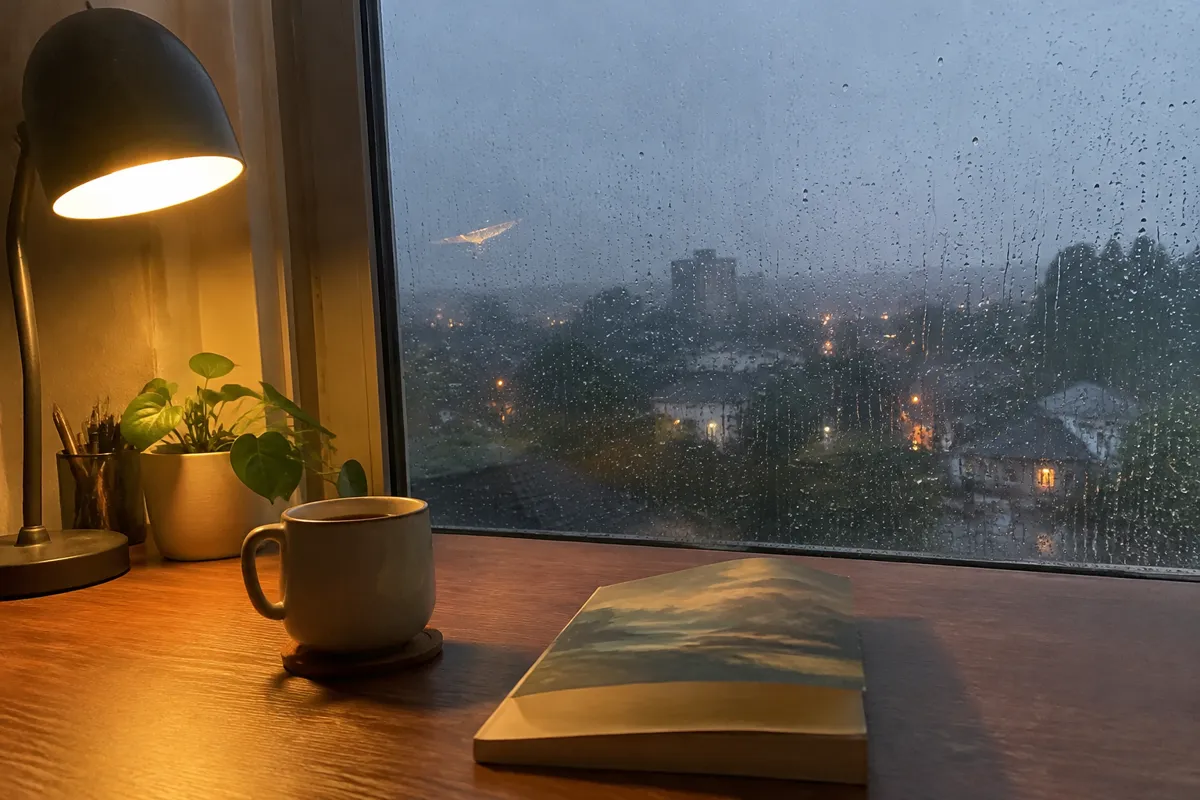 a rainy evening window with a desk lamp, a mug and a paperback book on a desk