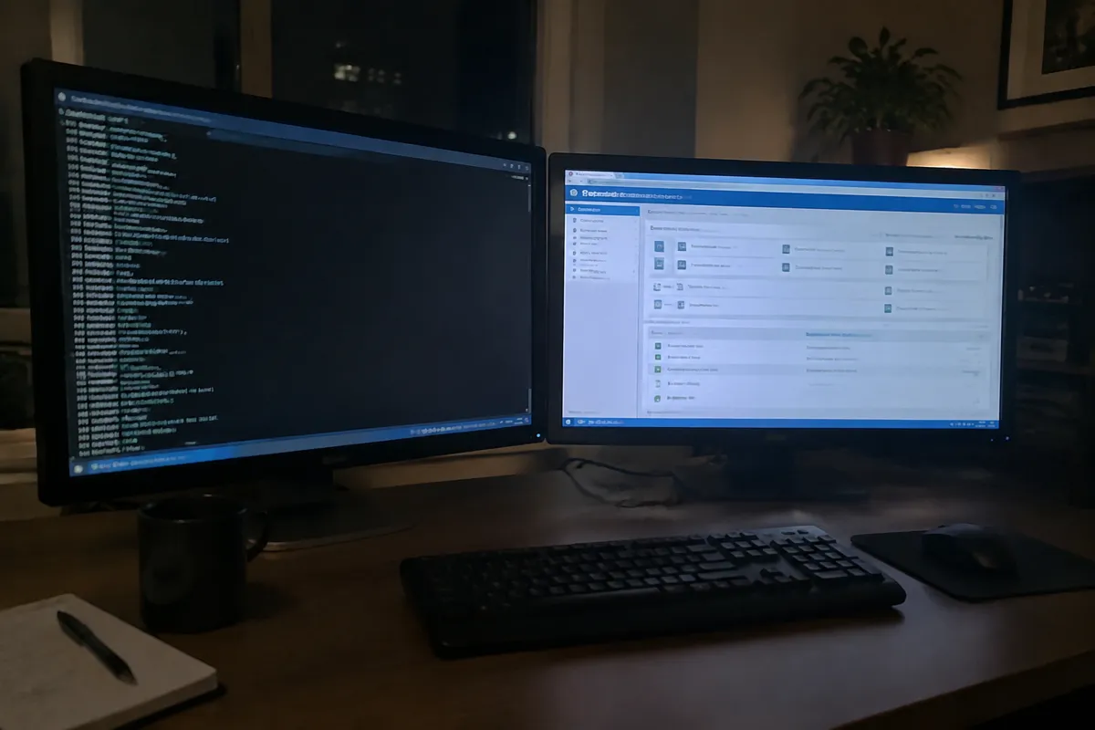 a hand holding a phone photographing two monitors, one showing a black terminal window and the other a blue server manager style window, nig