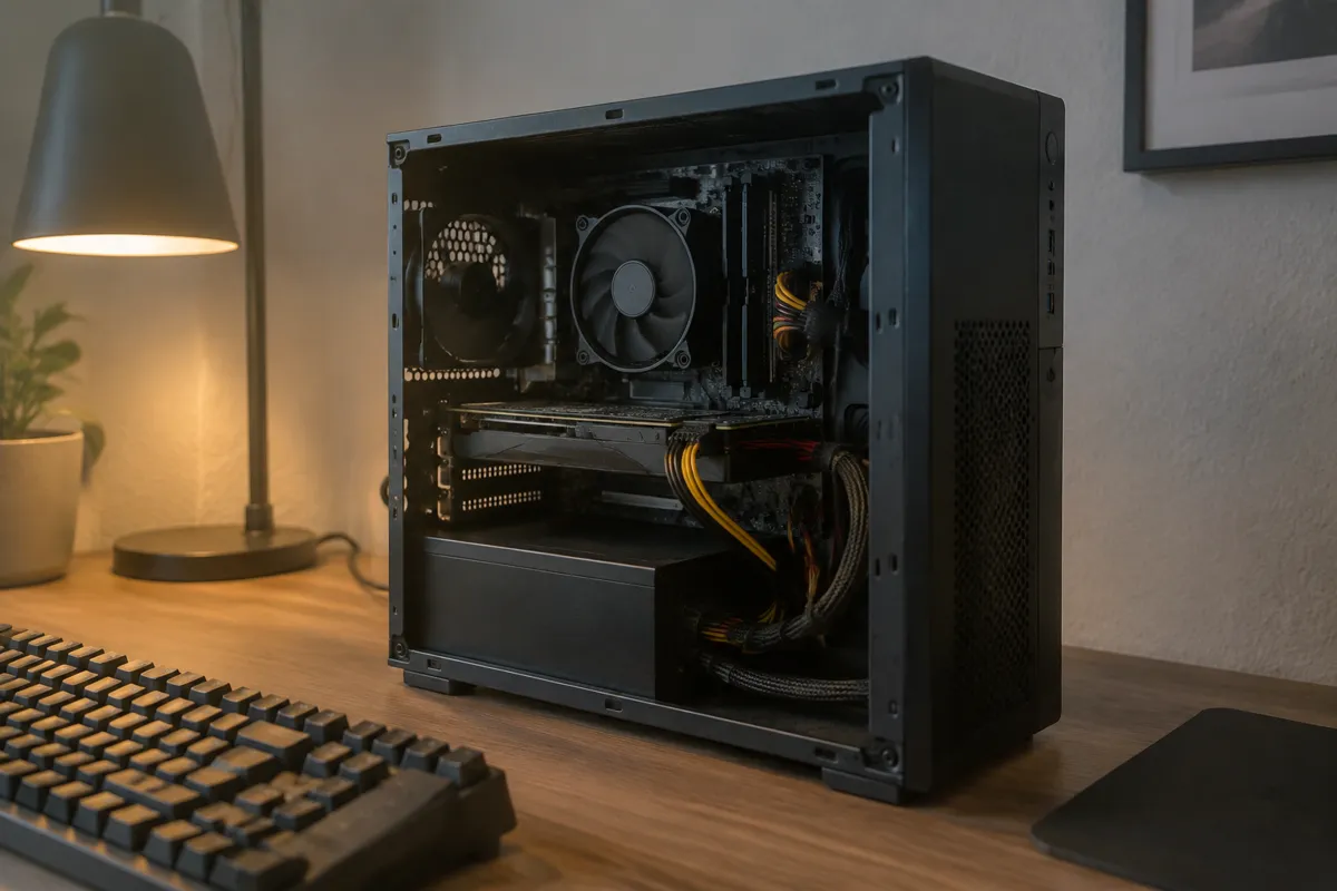 a small desktop tower with its side panel off showing fans and cables, a keyboard beside it, dim lamp light