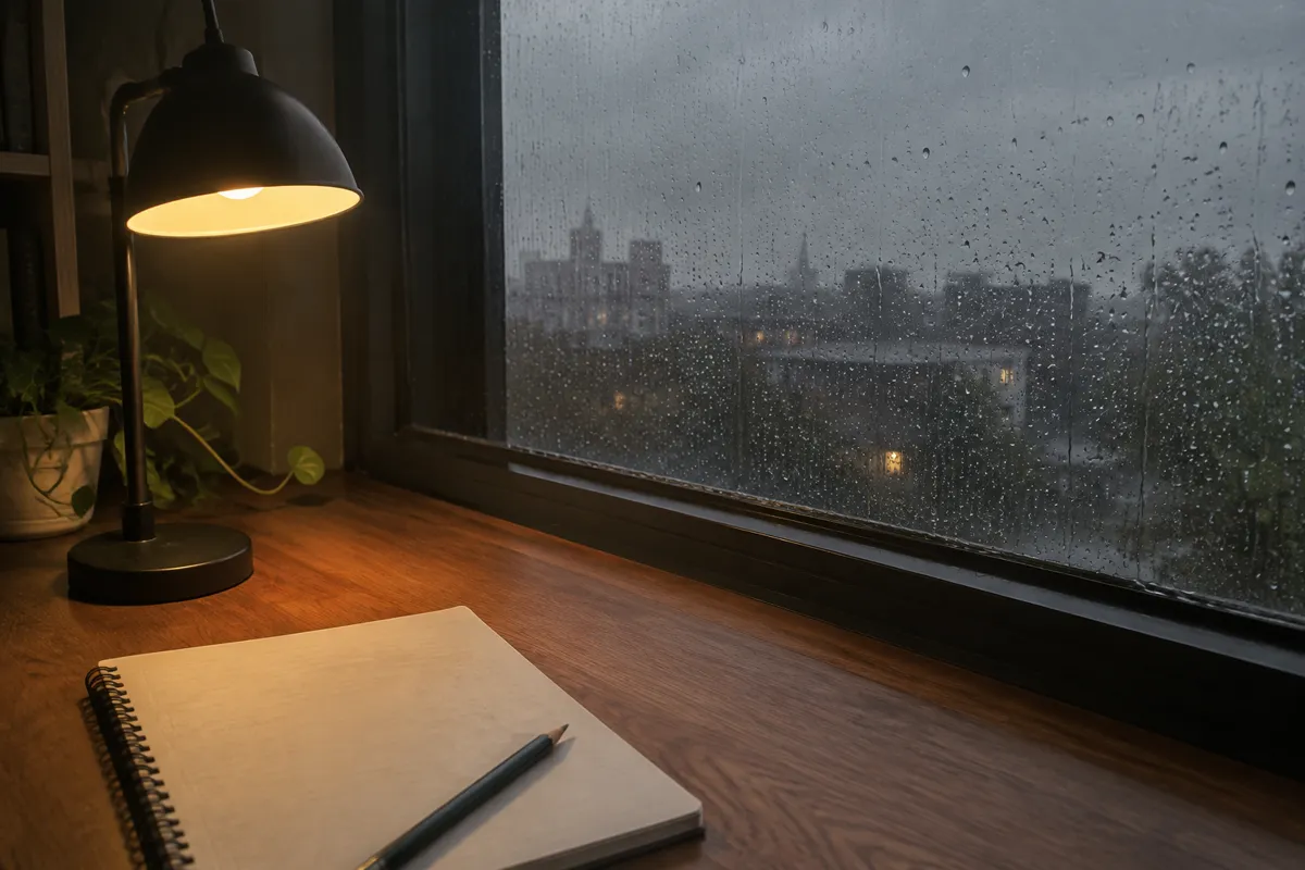 a rainy window with a desk lamp, a notebook and a pencil on a wooden desk, grey evening