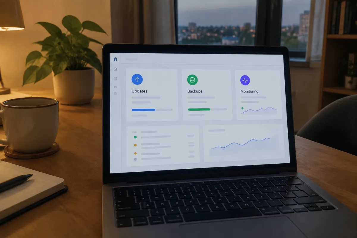 a phone held up photographing a laptop screen showing a hosting dashboard with update, backup and monitoring tiles in a tidy grid, a home of