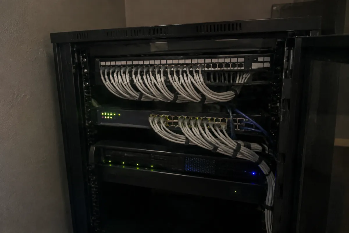 a small server rack with a patch panel and neatly labelled-looking cables, status LEDs glowing in a dim room