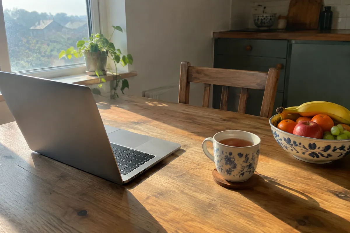 a kitchen table with a laptop, a cup of tea and a bowl of fruit, sunlight across the table