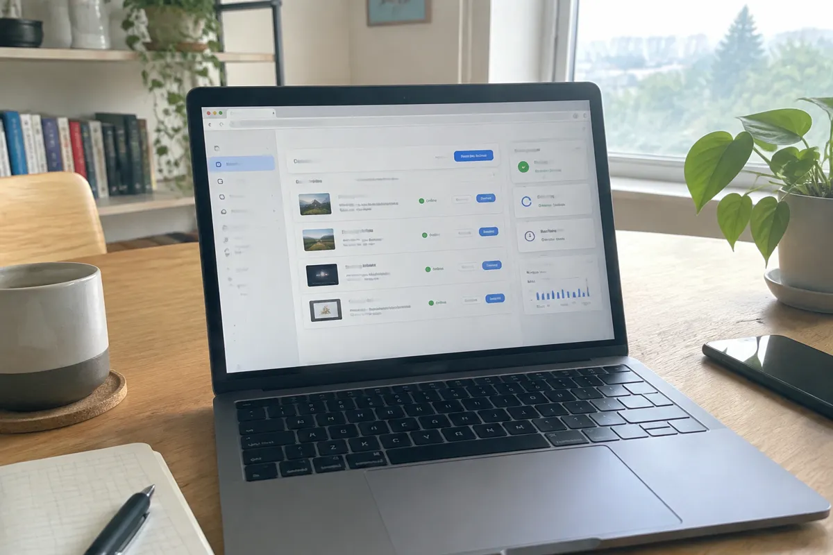 a hand holding a phone photographing a laptop showing a managed WordPress hosting panel with a site list, staging buttons and backup status 