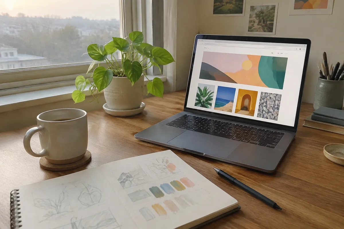 a designer's desk with a laptop showing a colourful website, a coffee mug, a sketchbook and a small plant, warm natural light