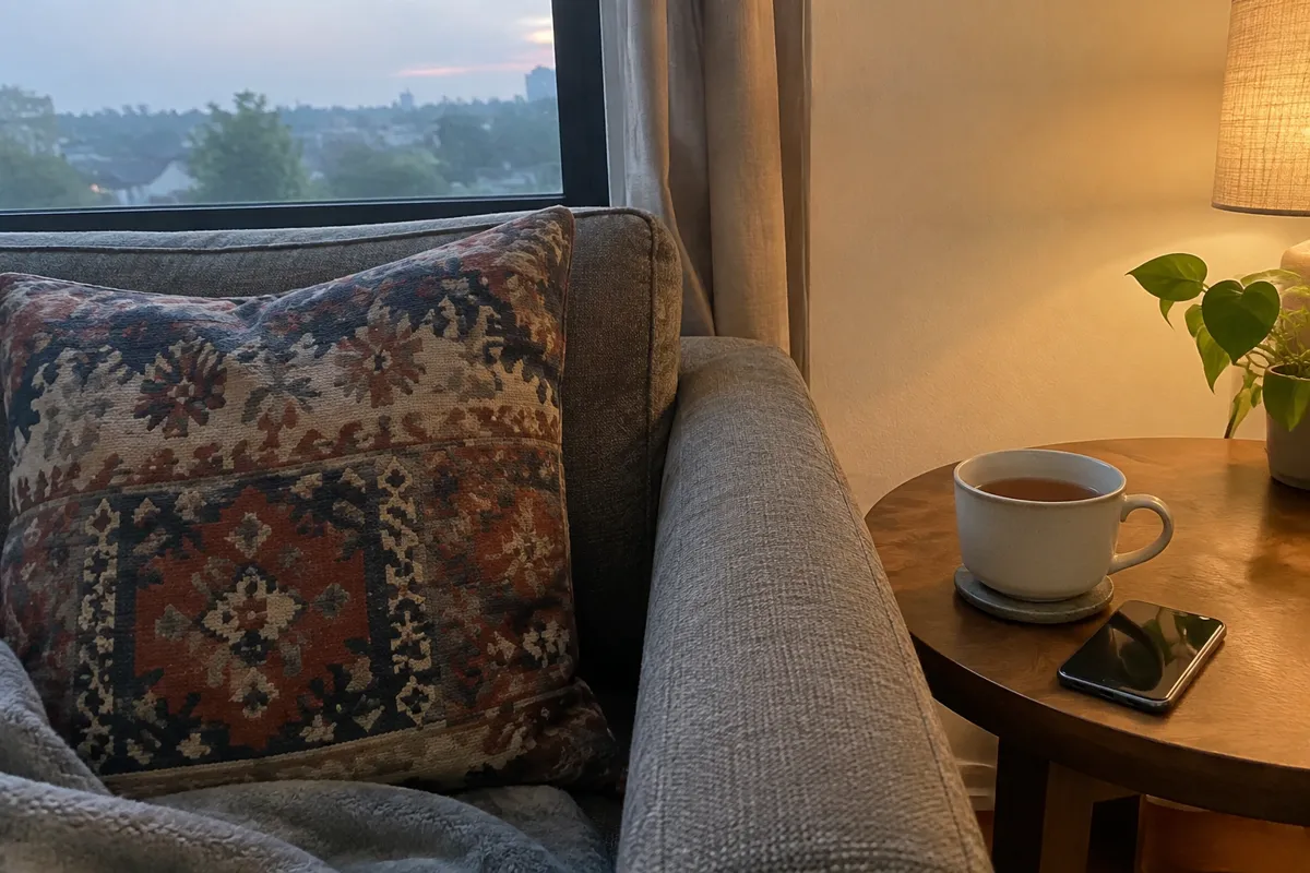 a sofa with a patterned cushion and a phone beside a cup of tea on a side table, soft evening light