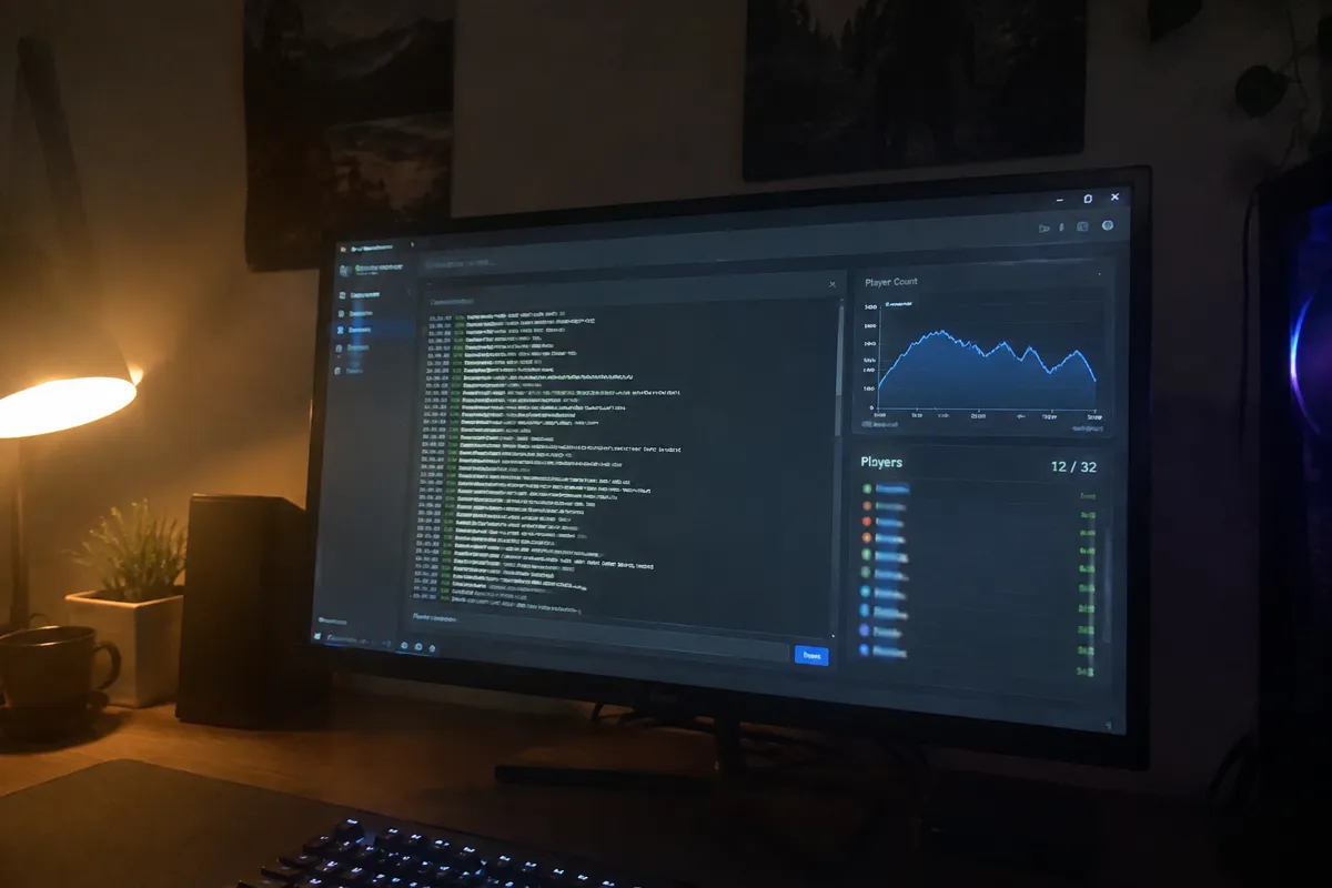 a phone held up photographing a monitor showing a game server control panel with a console log and a player count graph, dark gaming room wi