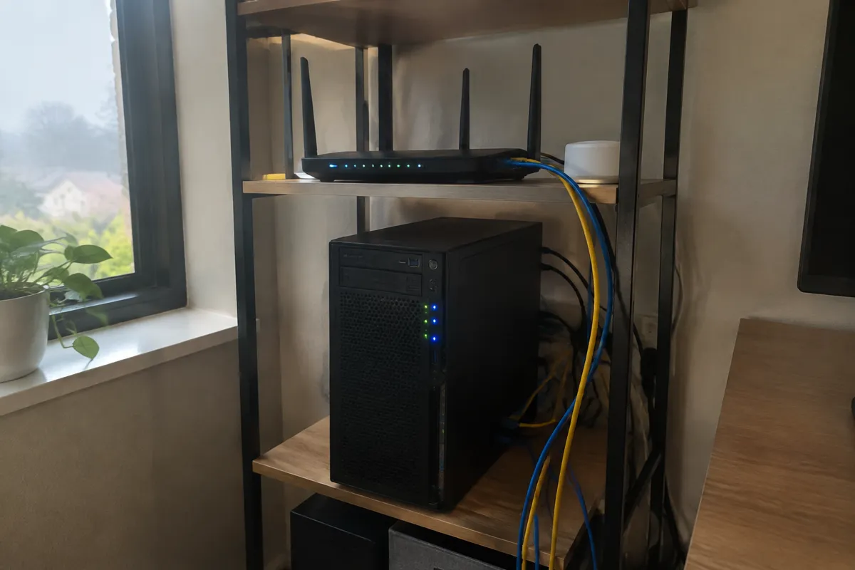 a mini home server tower with blinking LEDs and a router on a shelf, ethernet cables dangling