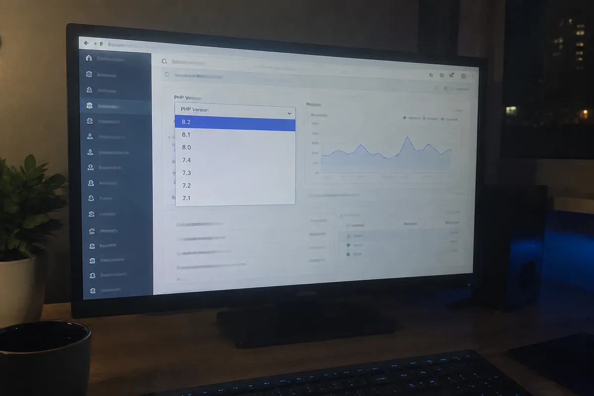 a hand holding a phone photographing a monitor showing a hosting panel dropdown to choose a PHP version beside a small speed graph, night ti