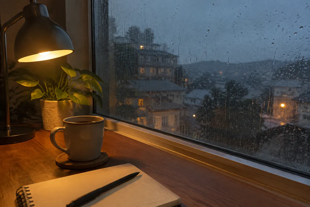 a rainy window beside a desk lamp with a coffee mug and a notebook, moody evening light