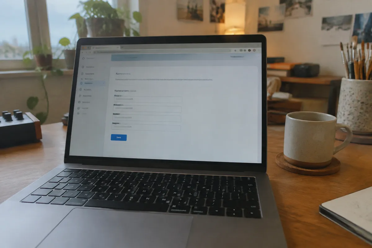 a phone held up toward a laptop showing a domain management screen with nameserver fields and a save button, warm creative home studio