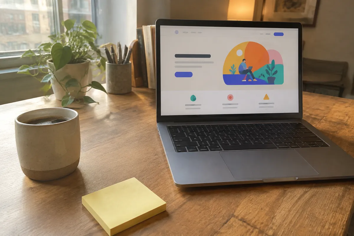 a designer's desk with a laptop displaying a colourful landing page, a coffee and a sticky-note pad in warm light