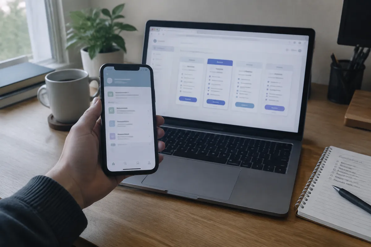 a hand holding an iPhone up to a laptop in a techy home office, the laptop showing a hosting plans and billing page with a grid of pricing c