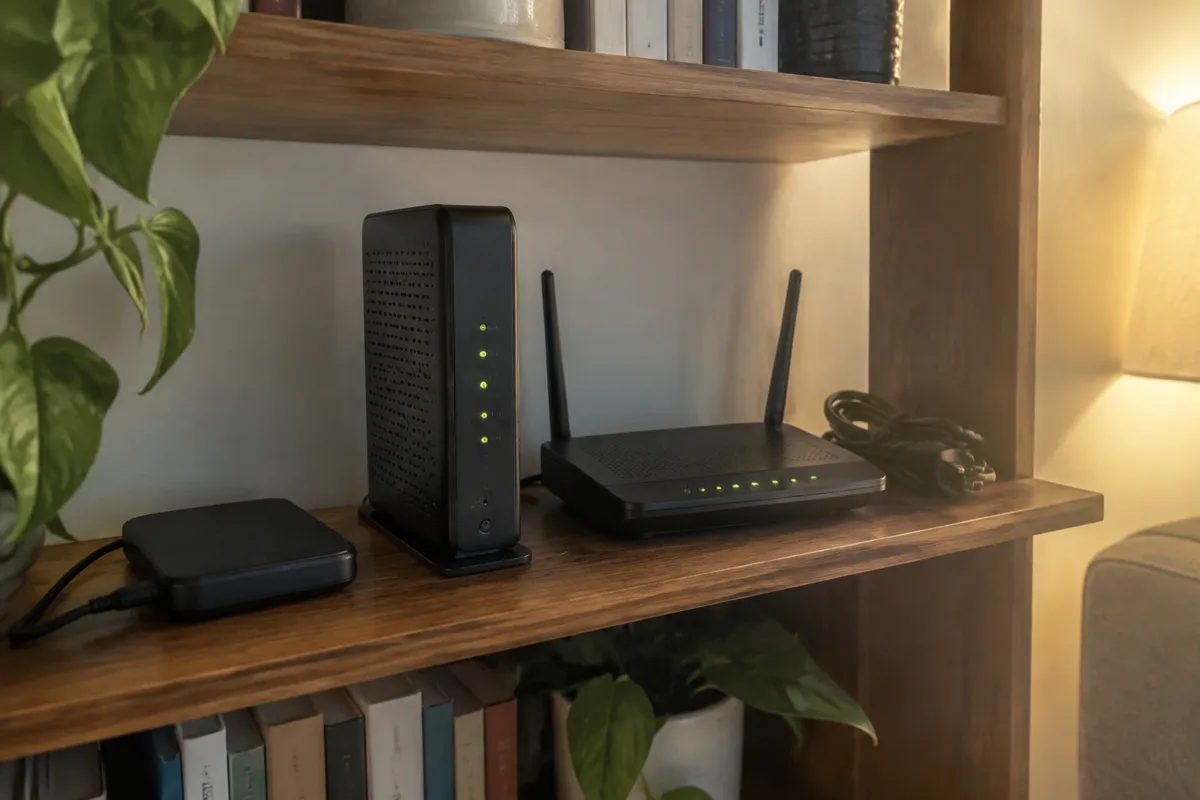 a modem and a router on a bookshelf next to an external drive and a coiled power cable, soft lamp light