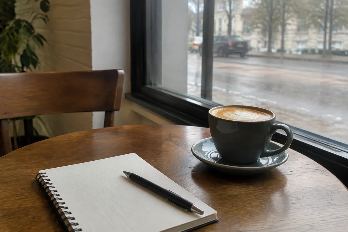a cafe table with a coffee, a paper notepad and a pen, a window with blurred street outside