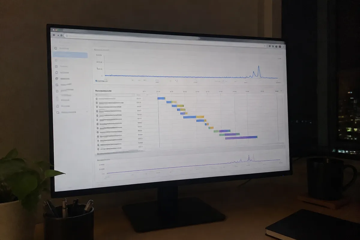 a phone held up photographing a monitor showing a page-speed result graph with a waterfall timing chart and a response time line, night home