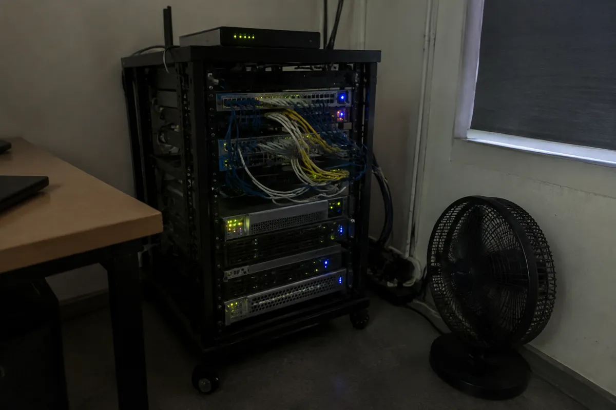 a small server rack with blinking LEDs and a bundle of cables, a desk fan nearby, dim light