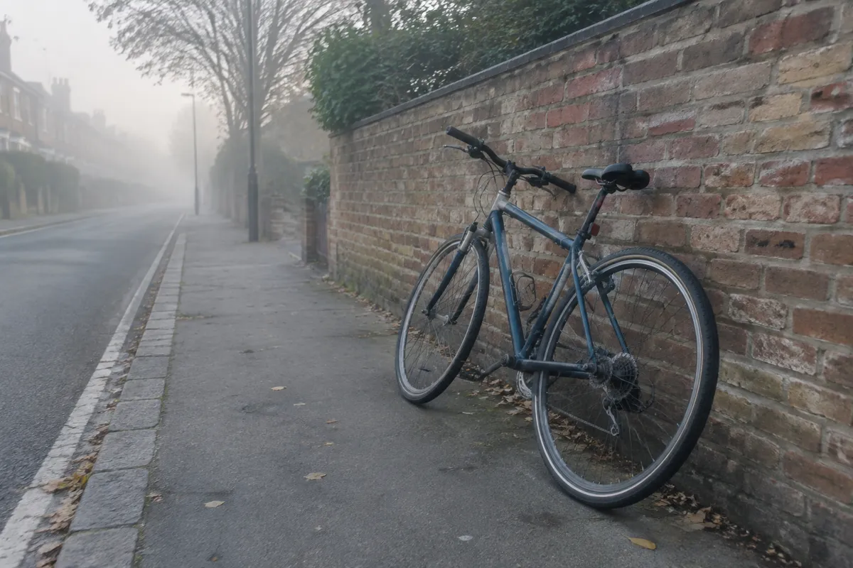 a bicycle leaning against a brick wall on a quiet street in morning haze