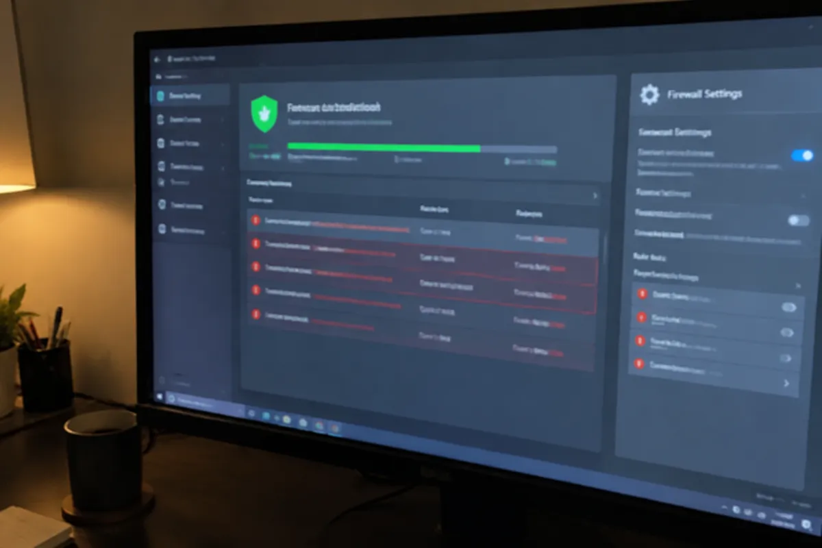 a phone held up photographing a monitor showing a security scan results screen with a firewall settings panel and a few red warning rows, ev
