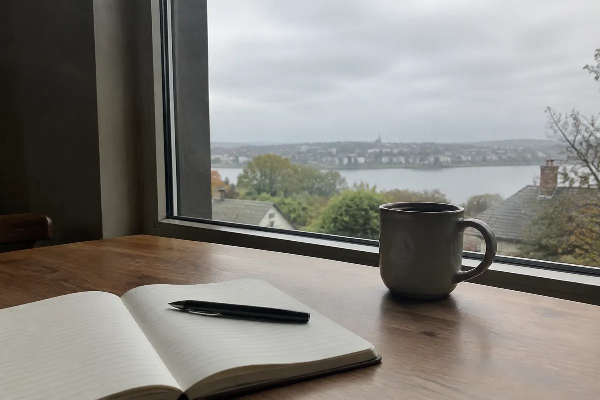 a notebook and coffee on a wooden table beside a window with grey overcast light