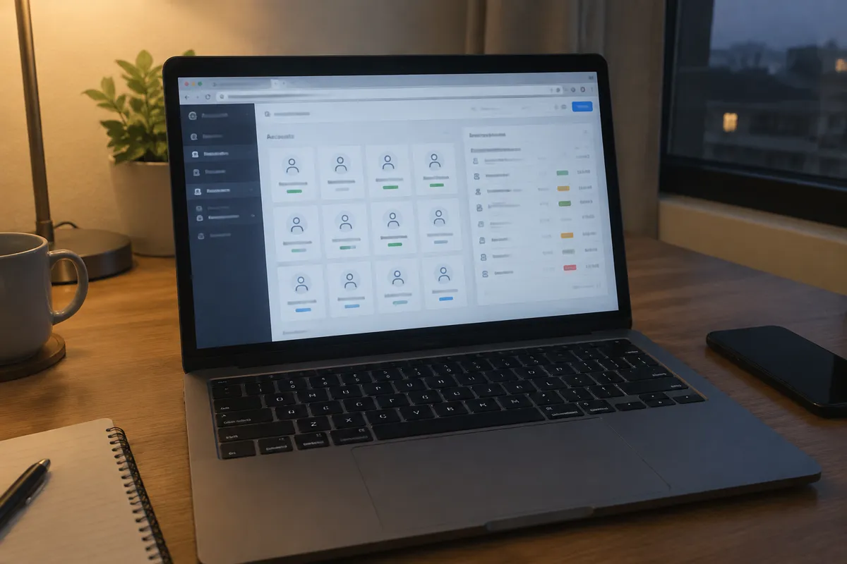 a hand holding a phone photographing a laptop showing a hosting control panel with a grid of account icons and a client billing invoice list