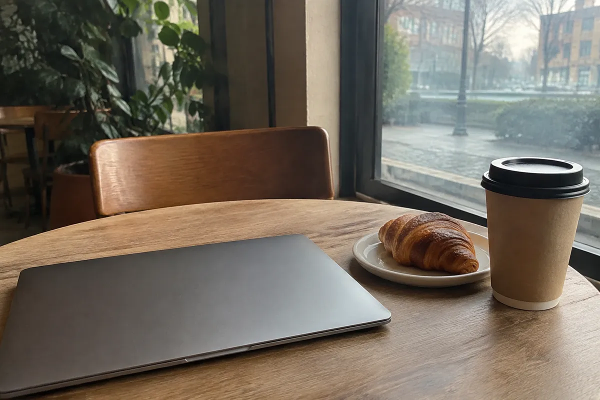 a cafe table with a laptop closed, a croissant and a takeaway cup, soft morning light