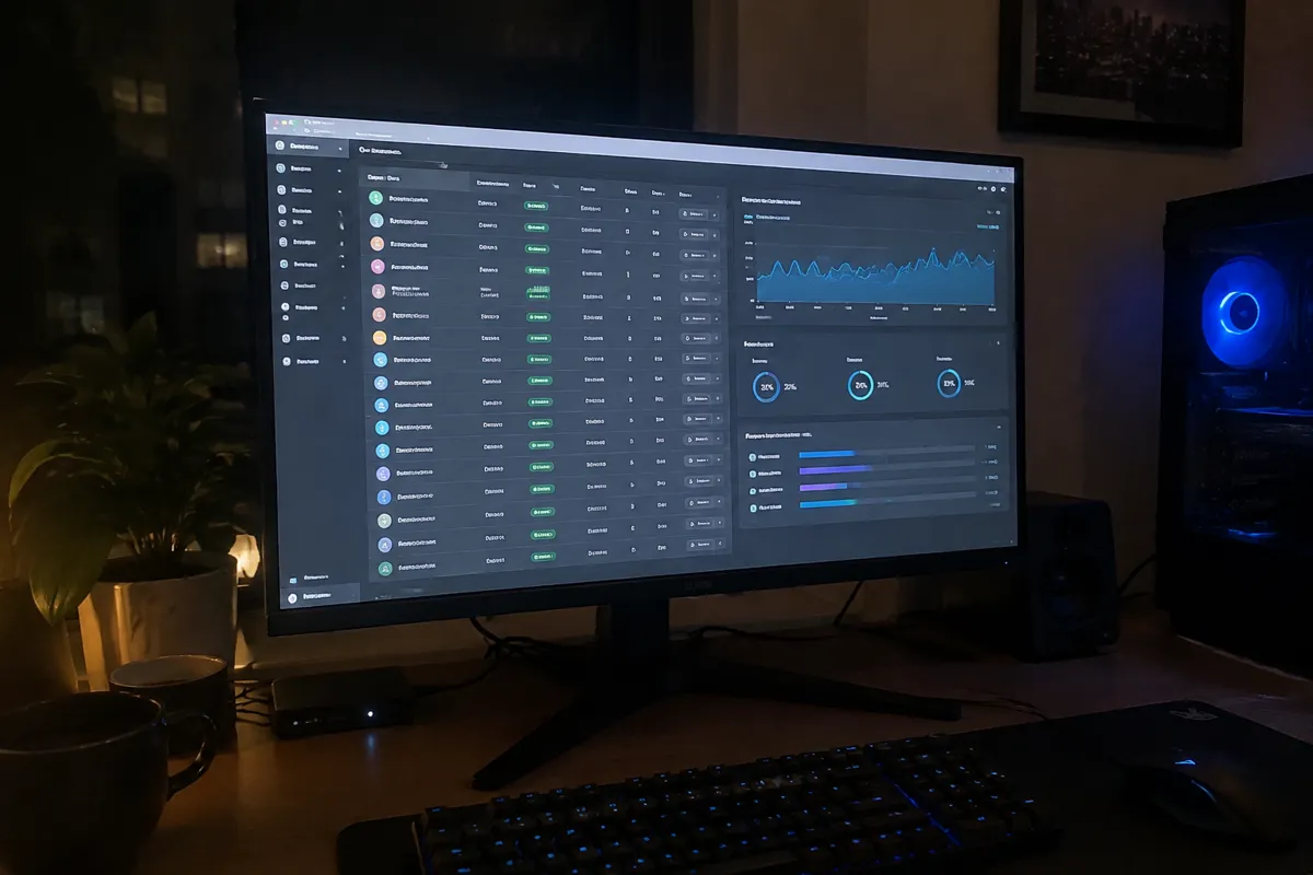 a phone held up photographing a monitor showing a reseller control panel with a list of client accounts next to a server resource graph, a t