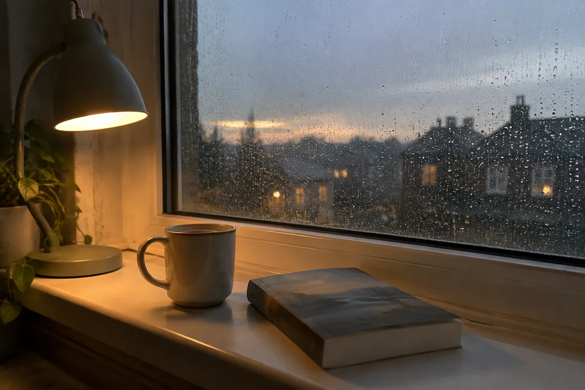 a rainy window with a desk lamp, a mug and a paperback book on the sill, evening mood
