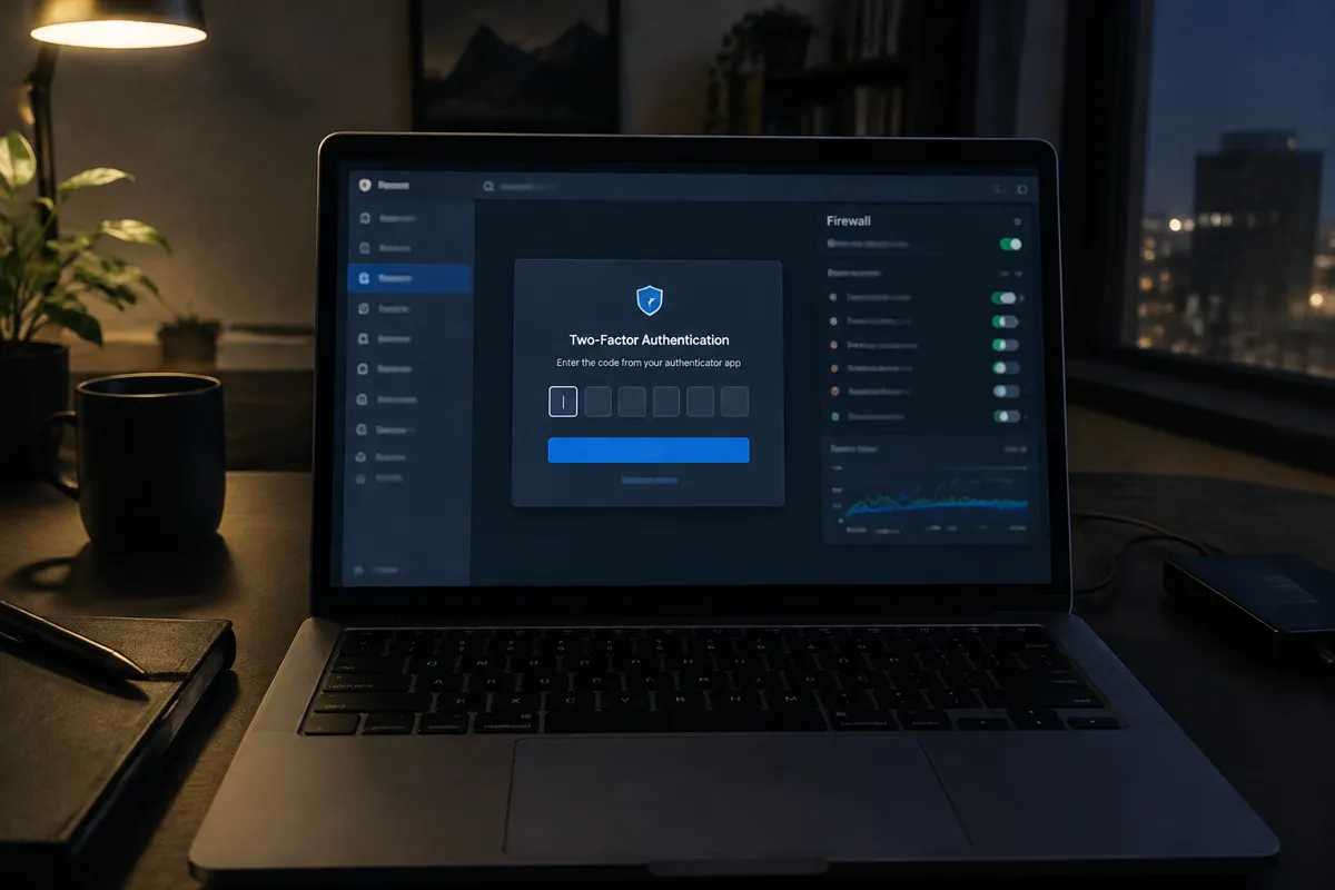 a hand holding a phone photographing a laptop showing a login screen with a two-factor code prompt and a firewall settings panel in the back