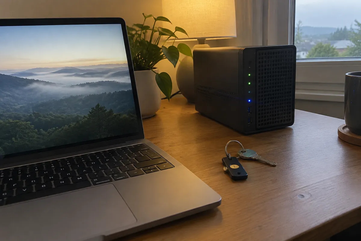 a desk with a laptop, a small hardware security key on a keyring and a mini server with blinking LEDs, lamp light