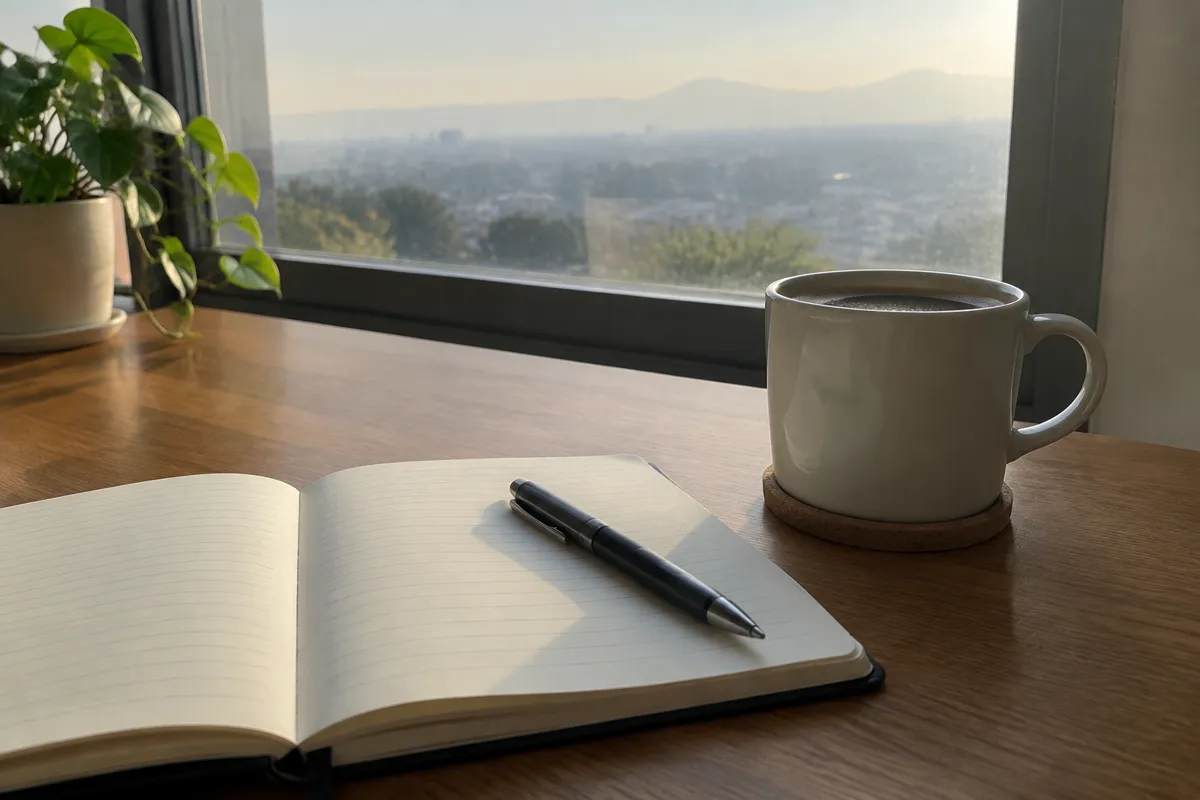 a notebook and coffee on a wooden table beside a window with morning light, a pen resting on the page