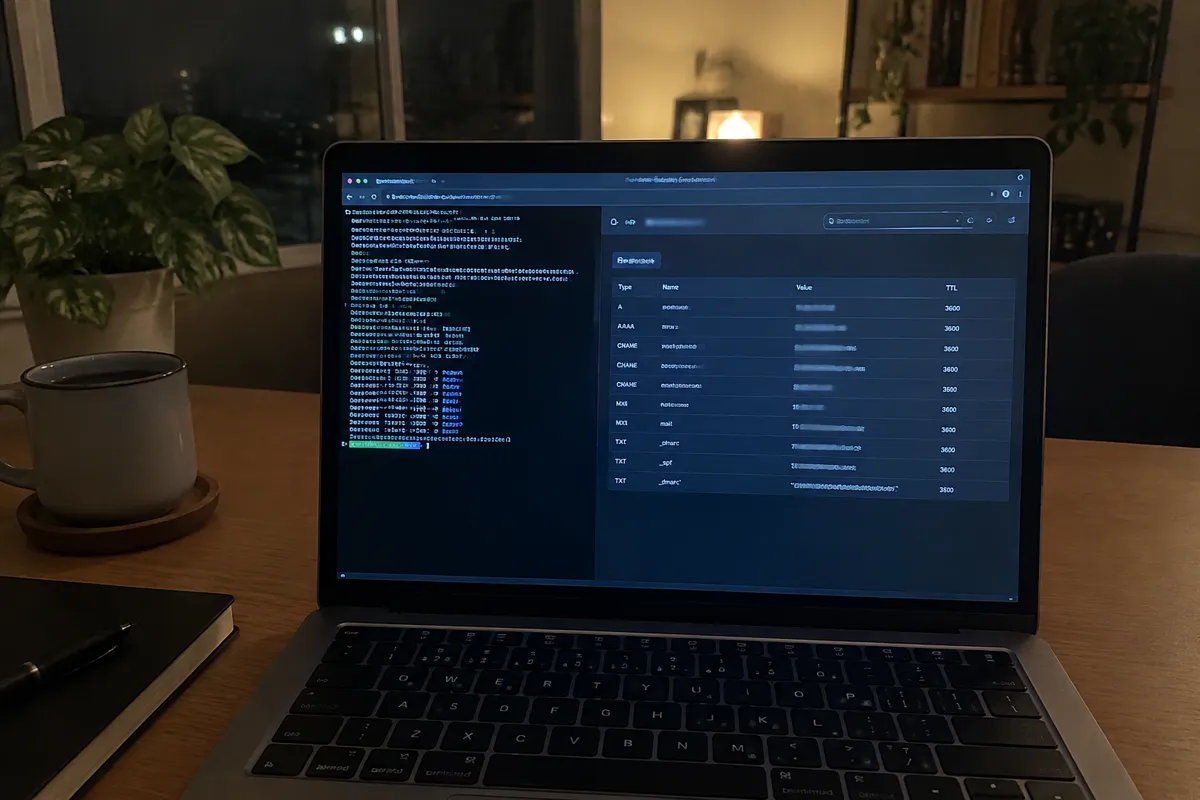 a phone held up photographing a laptop showing a terminal with an SSH session and a DNS records table, techy home office at night
