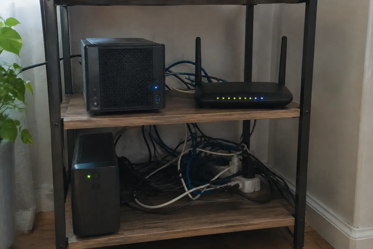a mini home server box and a router with blinking LEDs on a shelf, a tangle of cables and a small UPS battery