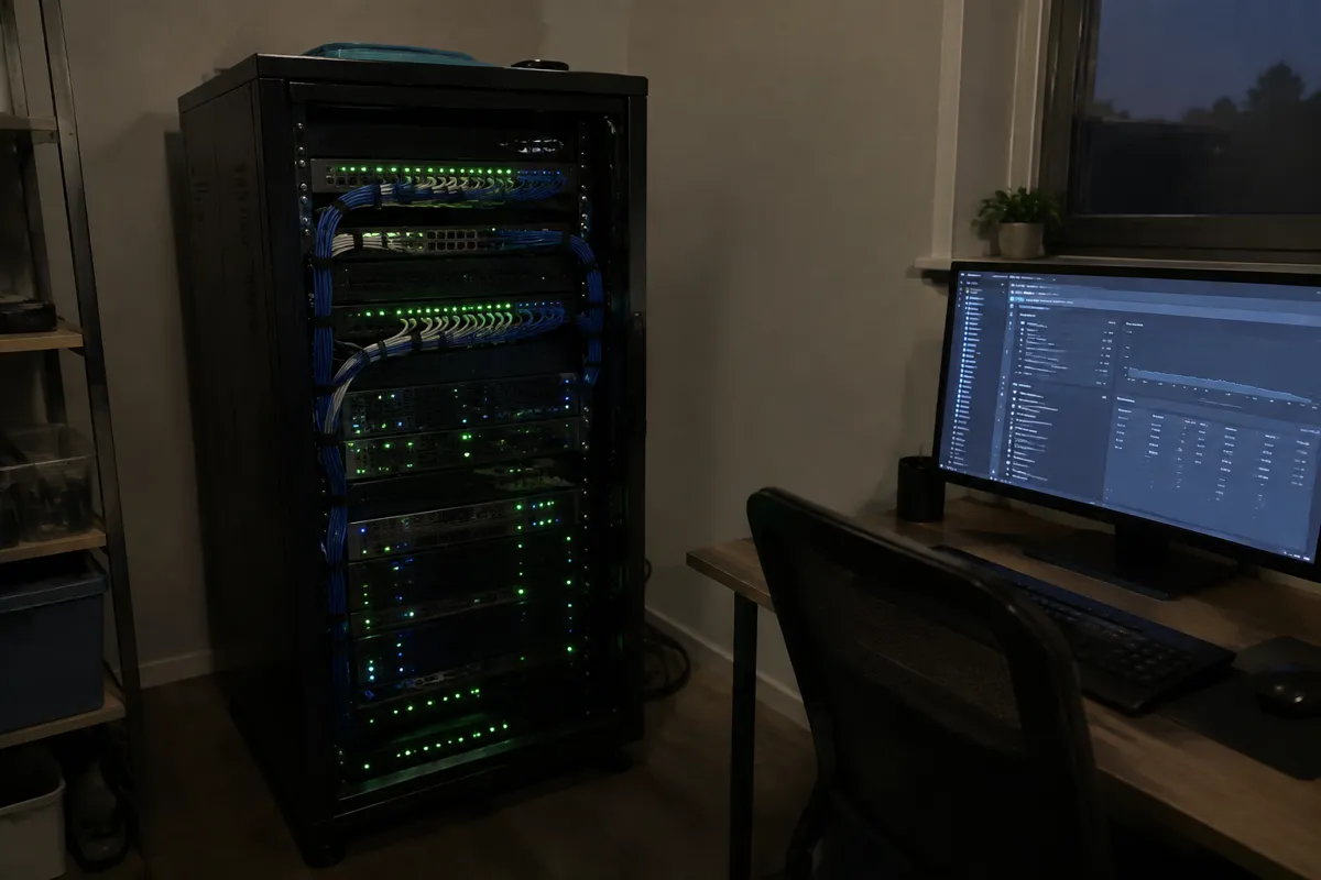 a small server rack in a spare room with rows of blinking green LEDs and neatly bundled cables, photographed from a few steps away in dim ev