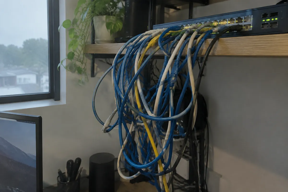 a tangle of ethernet cables and patch leads hanging from a shelf beside a network switch with blinking lights, techy home office
