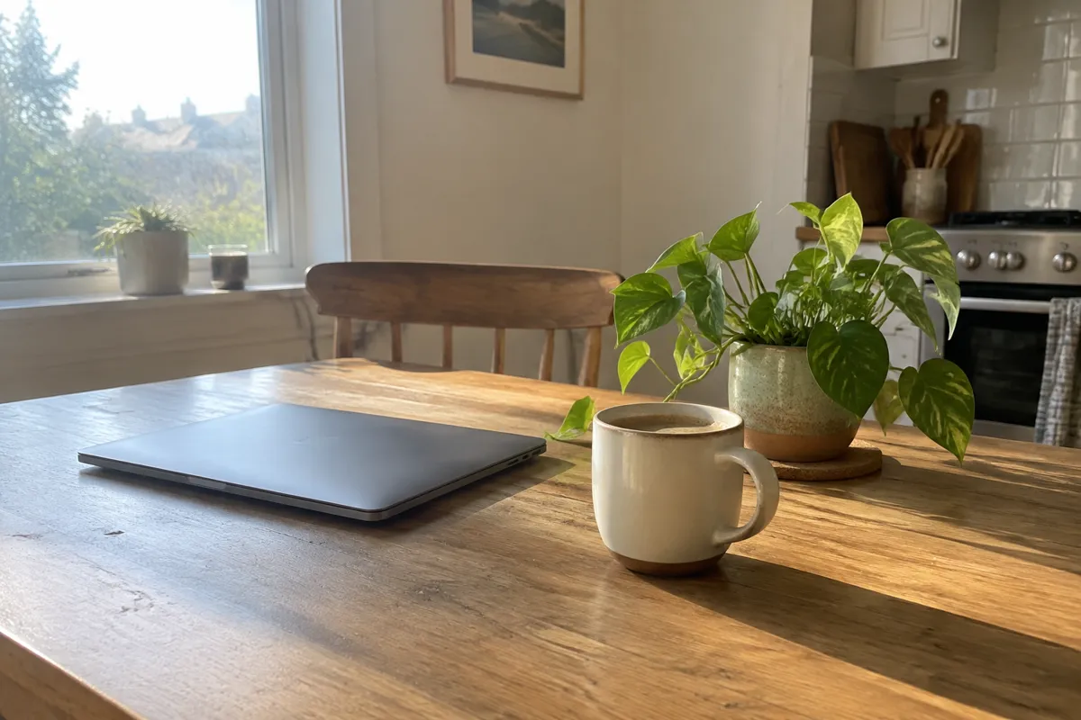 a sunlit kitchen table with a laptop closed beside a mug of coffee and a plant, bright morning