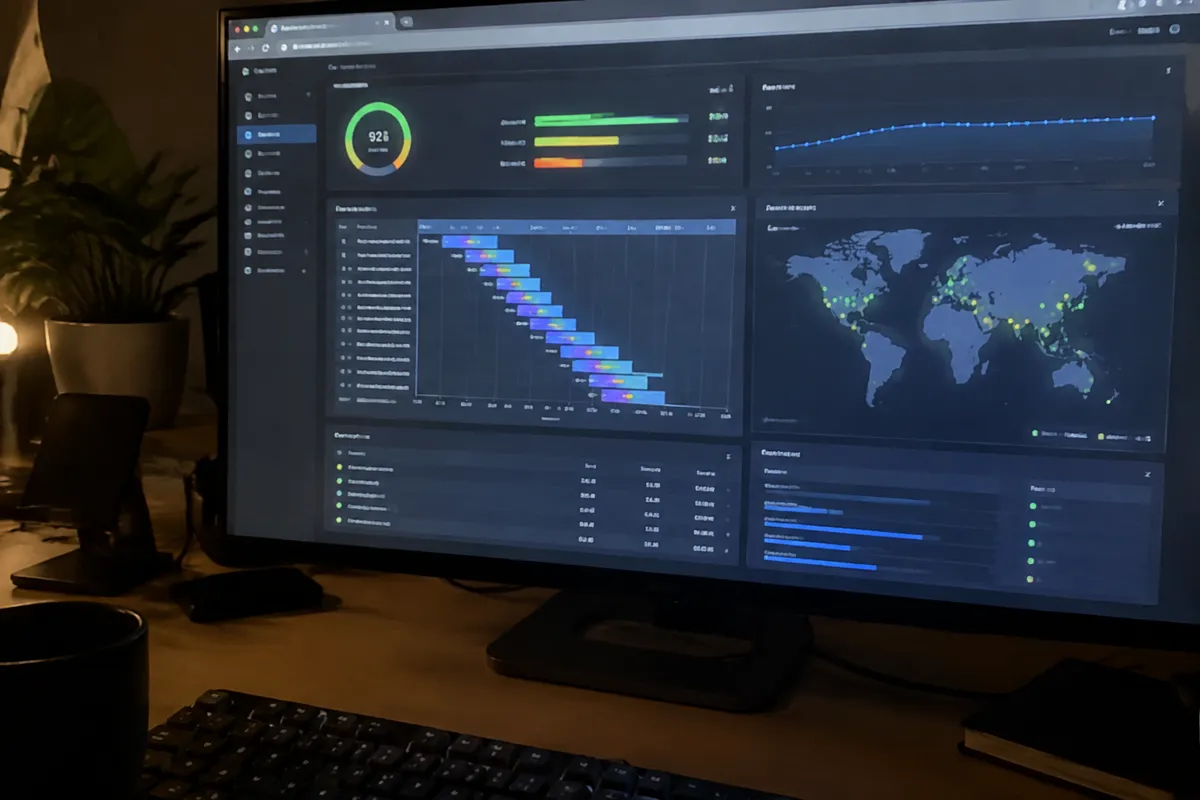 a phone held up toward a monitor showing a page-speed test result with a waterfall chart and a map of server regions, techy desk at night