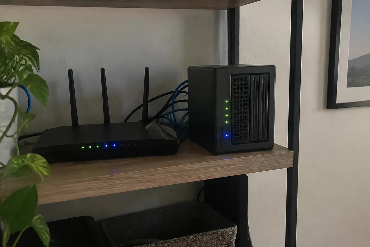a small home server with blinking LEDs on a shelf next to a router and a short tangle of cables