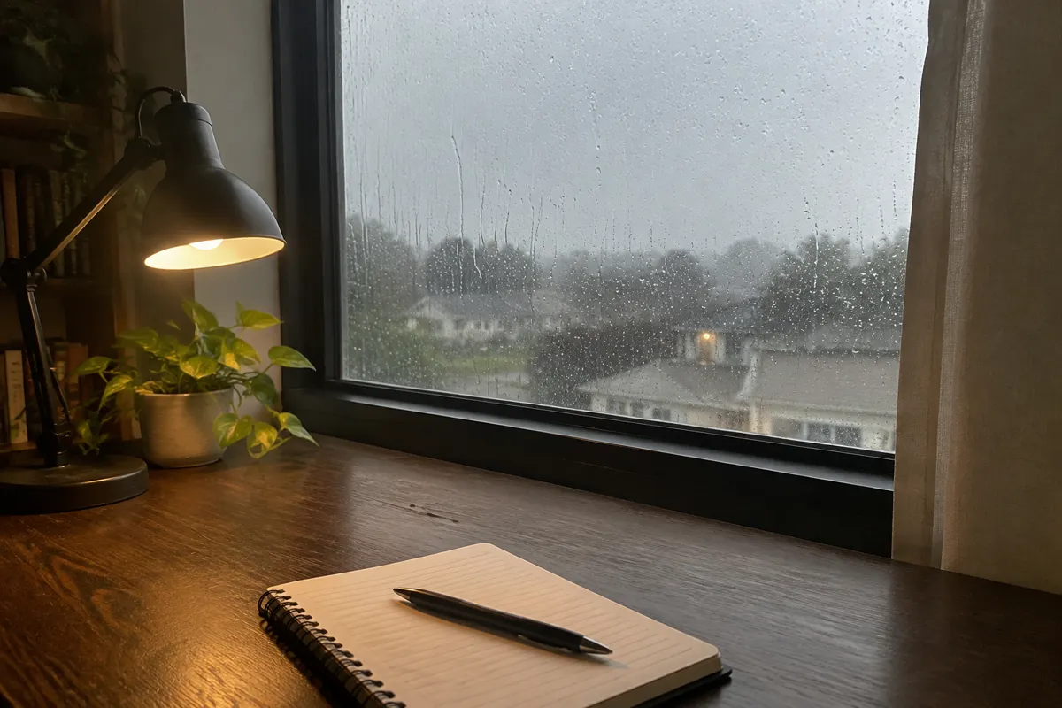 a window with rain streaks, a desk lamp and a notebook with a pen on a dark wooden desk