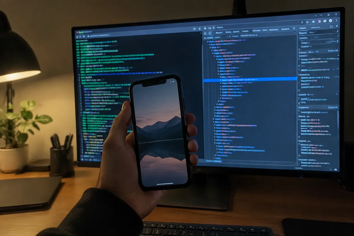 a hand holding an iPhone up to a monitor at night in a techy home office, the monitor showing a split view with a server terminal on one sid