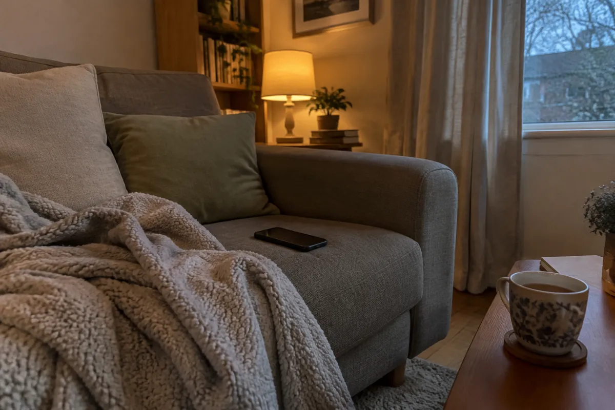 a sofa with a phone and a blanket, an evening lamp and a cup of tea, cosy room