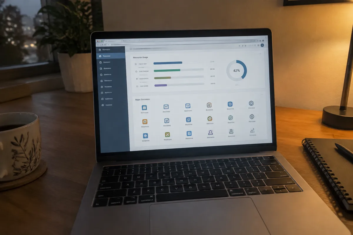 a phone held up photographing a laptop showing a hosting control panel with a resource usage meter and a grid of icons, desk in the evening