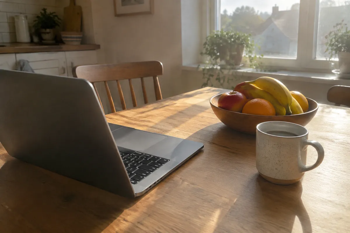 a sunlit kitchen table with a laptop, a fruit bowl and a mug, warm morning light